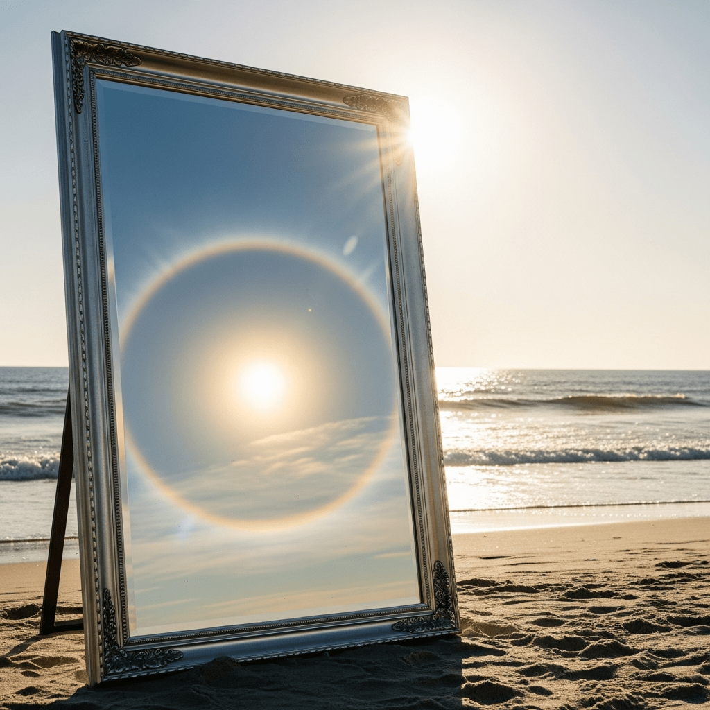 Ornate framed mirror standing on a sandy beach, reflecting the sun surrounded by a bright circular halo in the sky, with ocean waves and the sunlit horizon visible in the background.