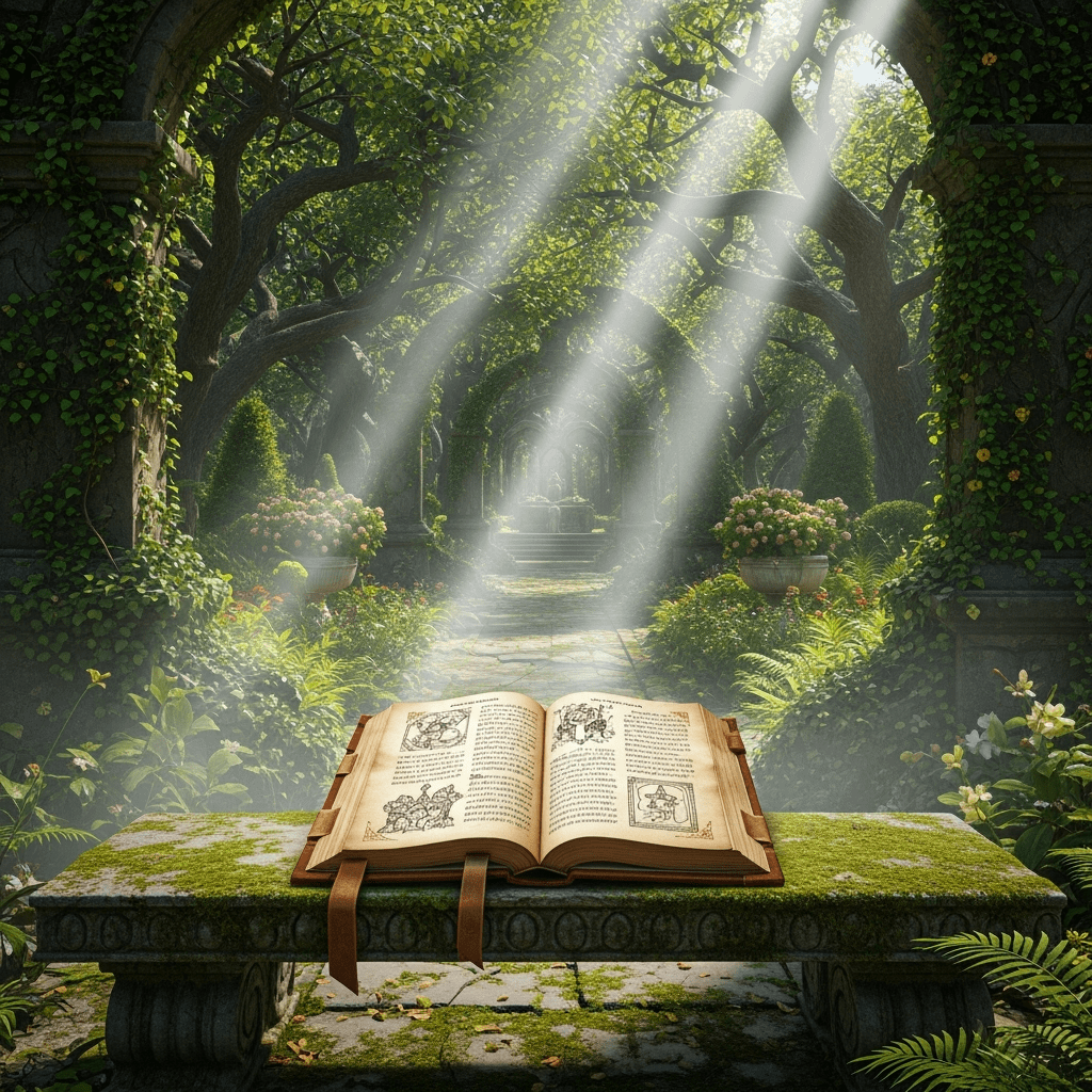 Open book resting on a moss-covered stone bench in a lush garden, with beams of sunlight streaming through arching trees and illuminating a path that leads toward a fountain in the distance. The scene is framed by greenery, flowers, and ivy-covered stone arches, creating a peaceful, storybook-like atmosphere.